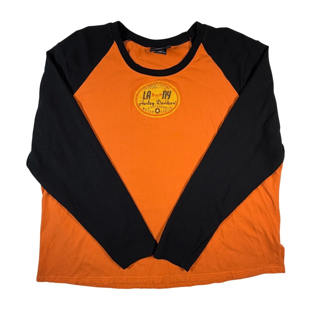 Harley Davidson LA to NY Womens Orange Black Graphic Long Sleeve Top Size 3W